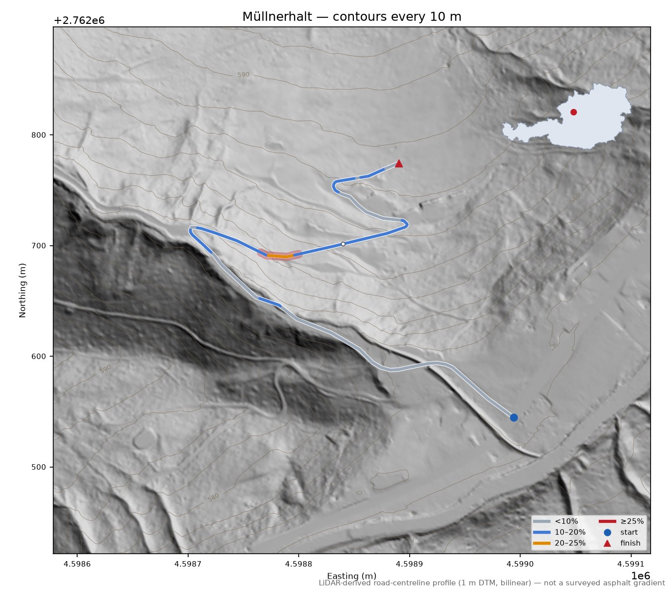 Müllnerhalt LiDAR hillshade map with contours
