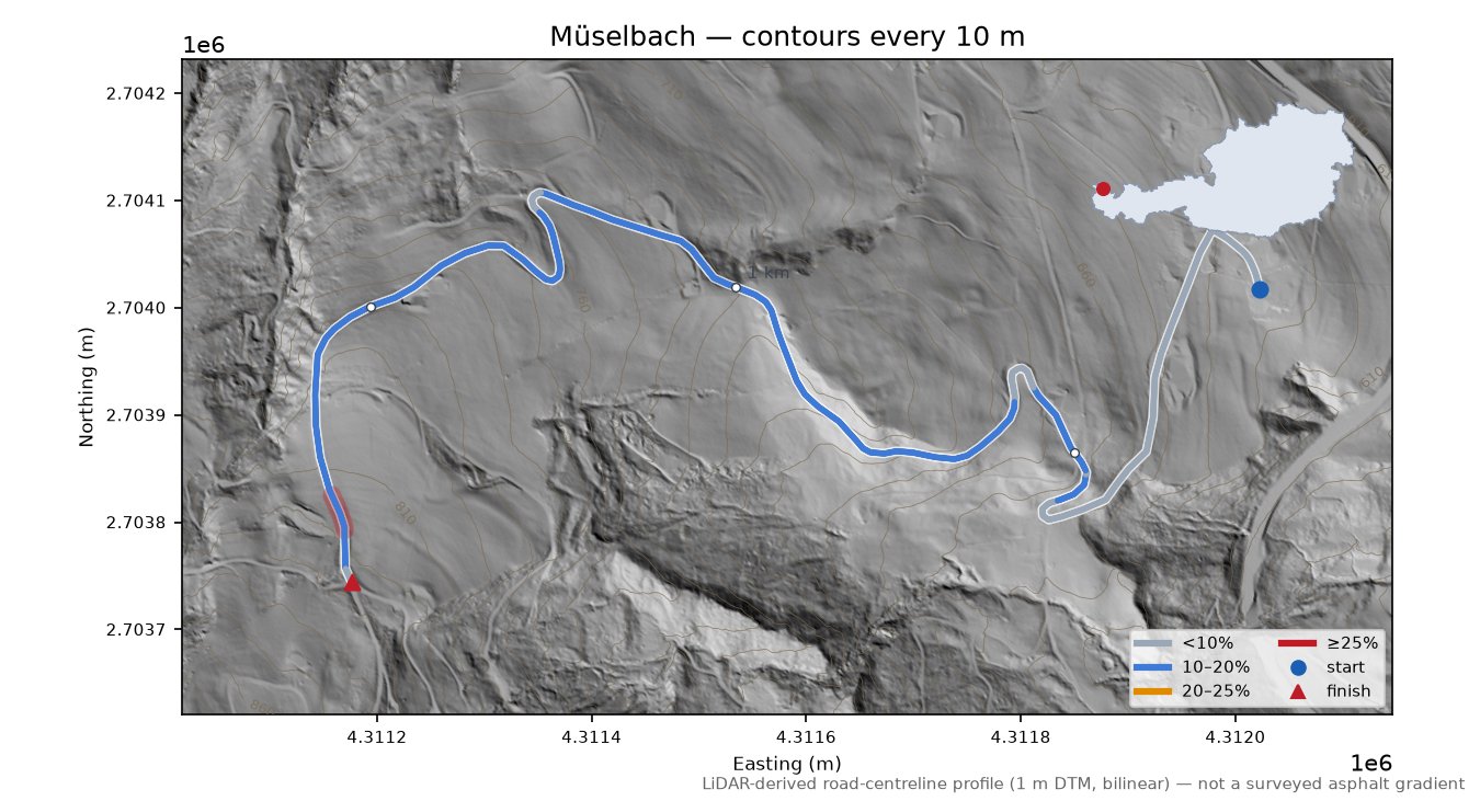 Müselbach LiDAR hillshade map with contours