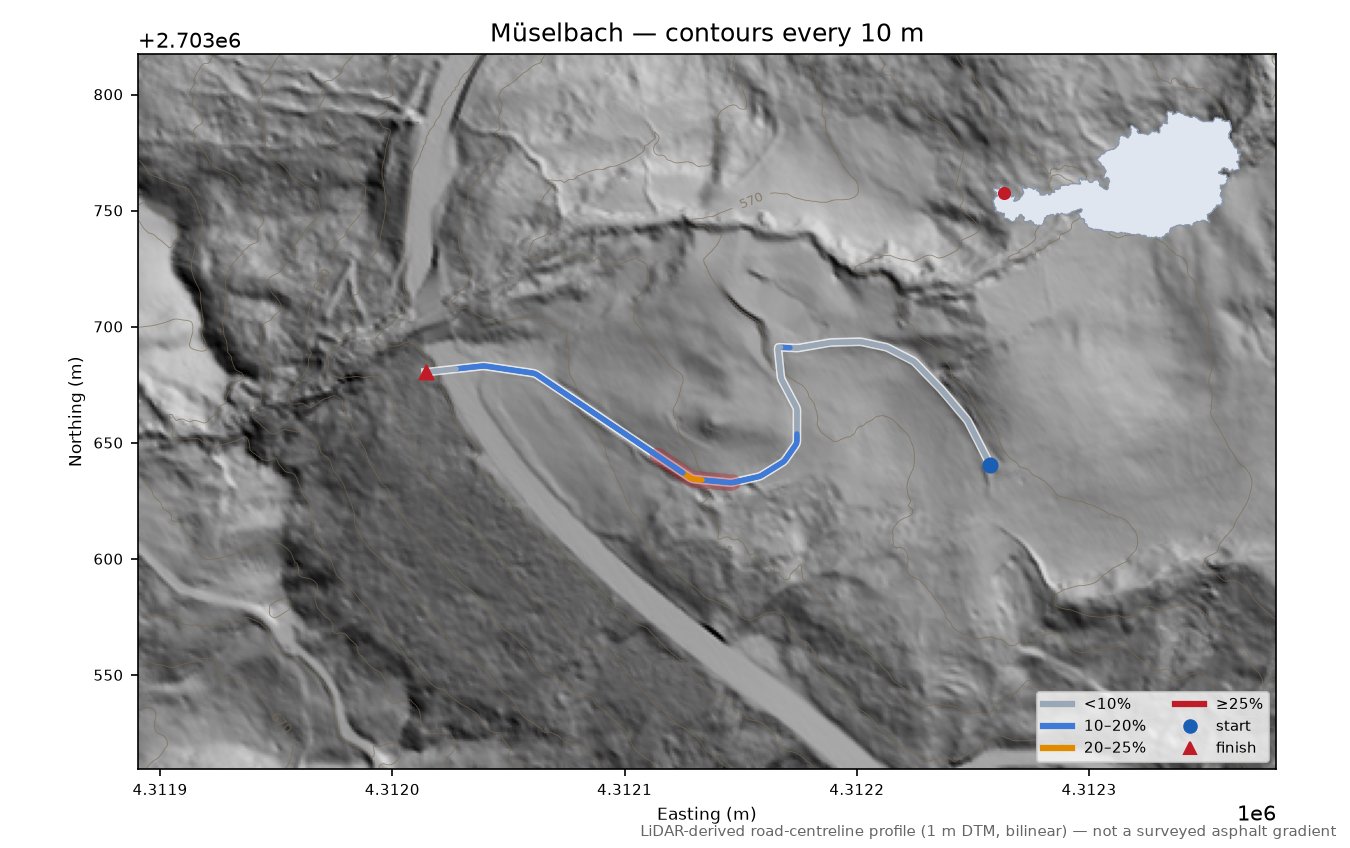 Müselbach LiDAR hillshade map with contours