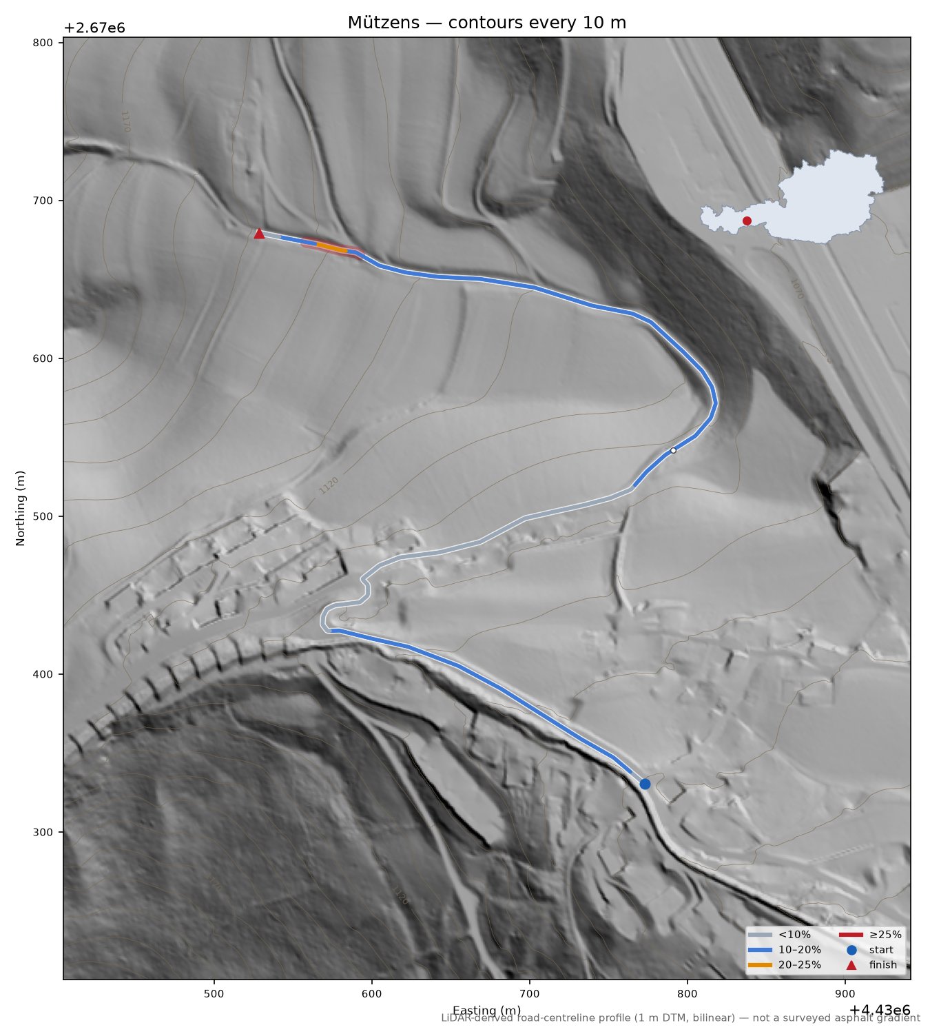 Mützens LiDAR hillshade map with contours