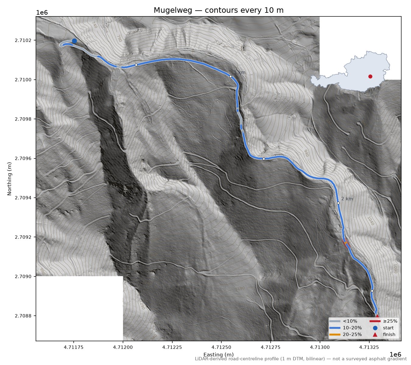 Mugelweg LiDAR hillshade map with contours