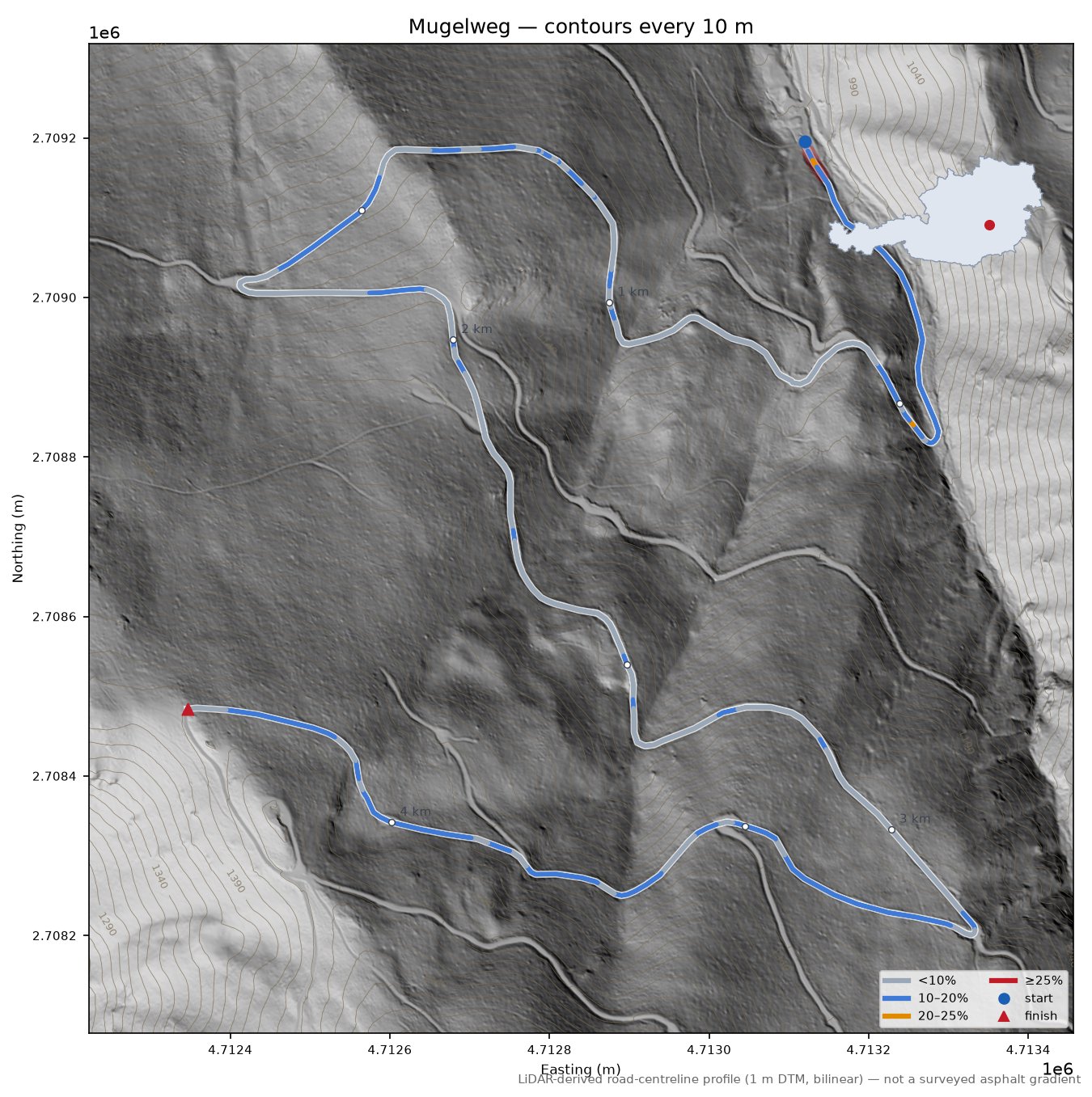 Mugelweg LiDAR hillshade map with contours
