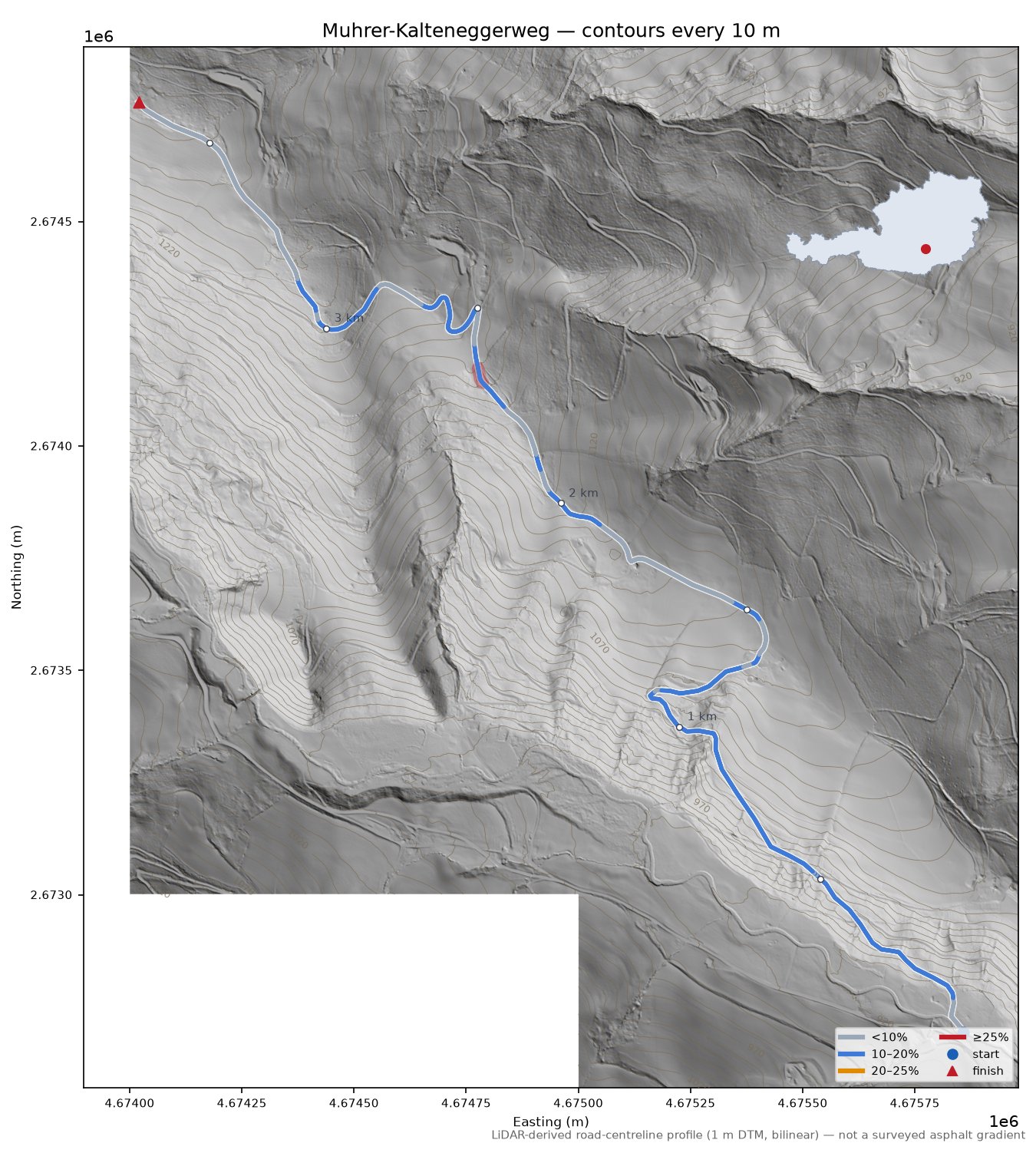 Muhrer-Kalteneggerweg LiDAR hillshade map with contours