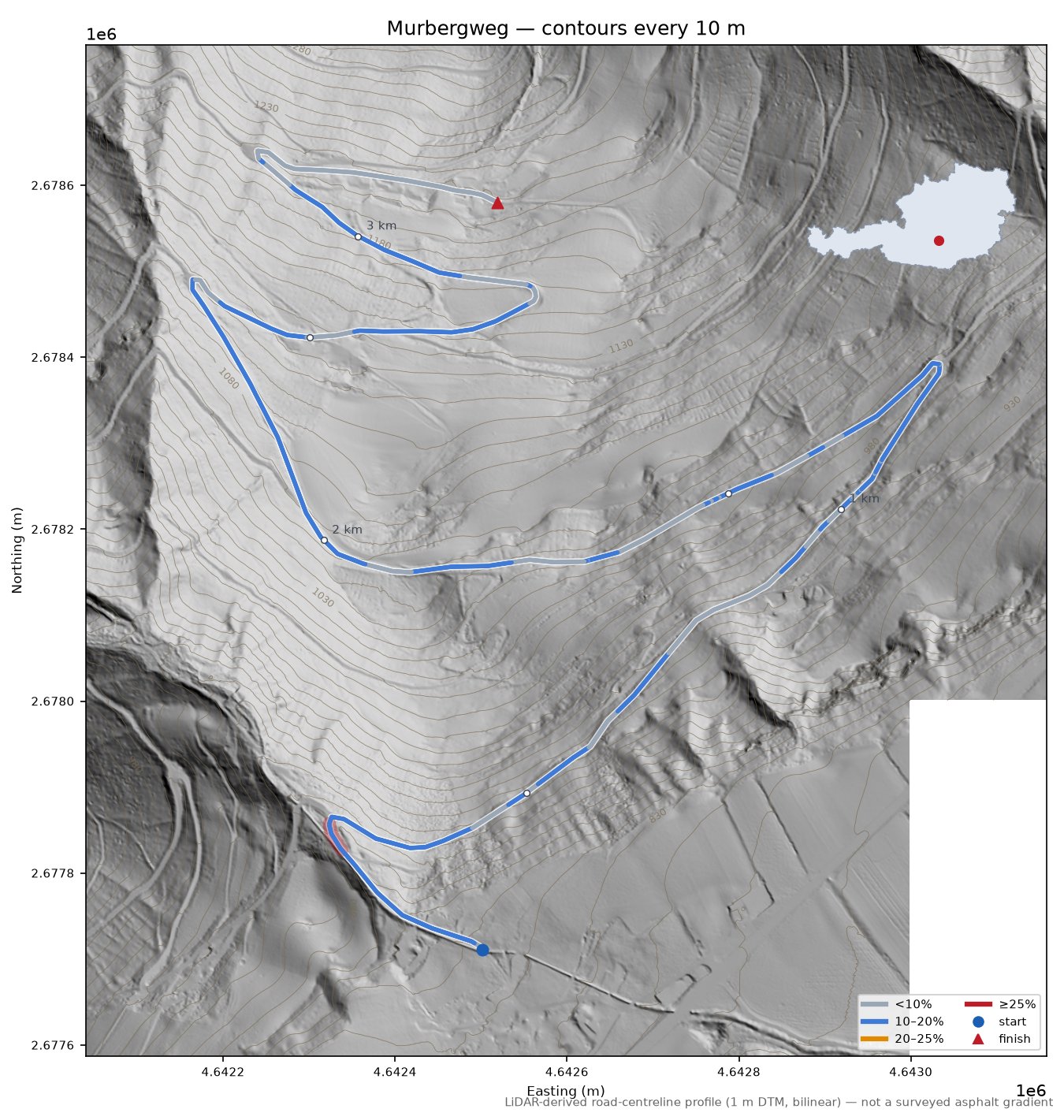 Murbergweg LiDAR hillshade map with contours