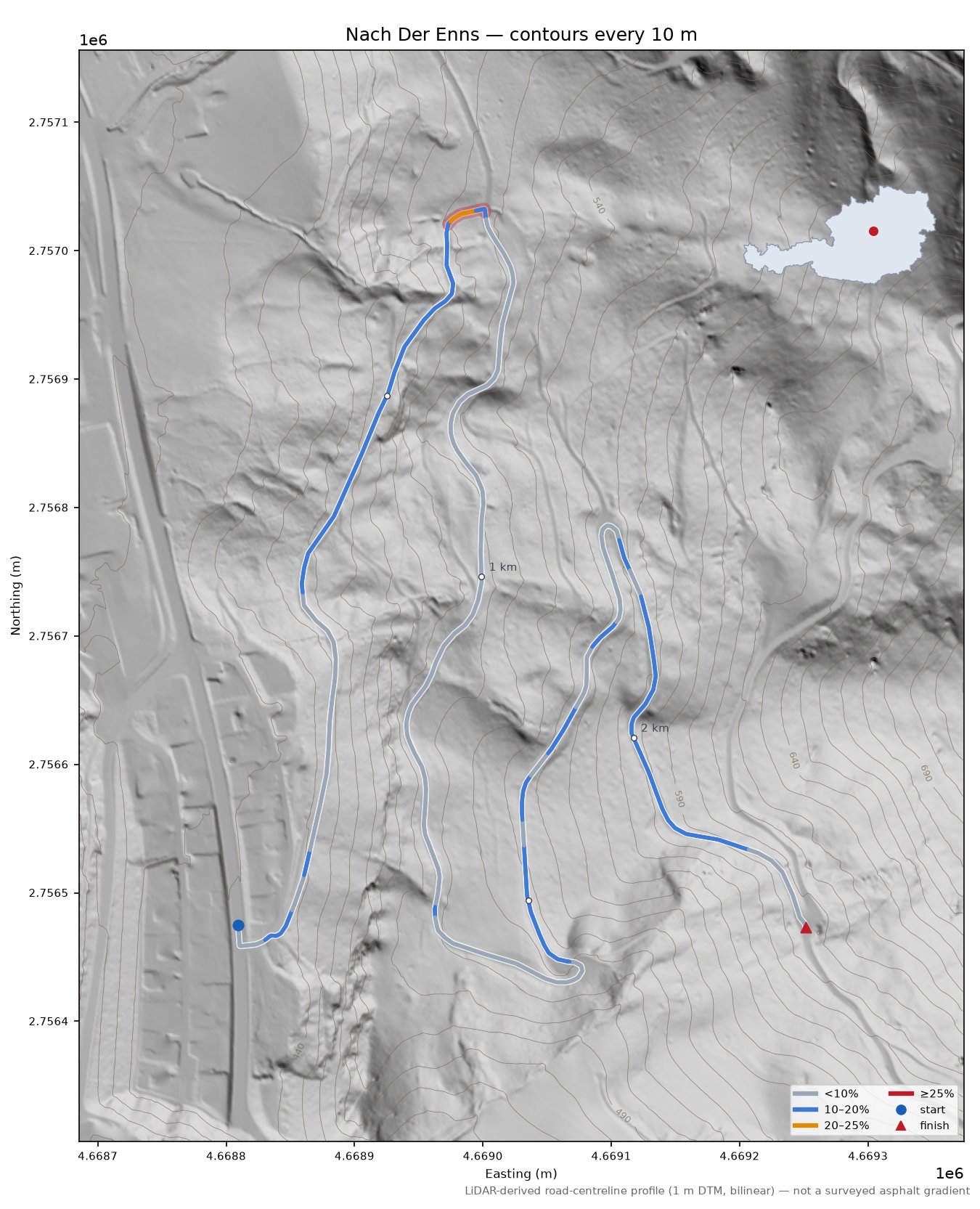 Nach Der Enns LiDAR hillshade map with contours