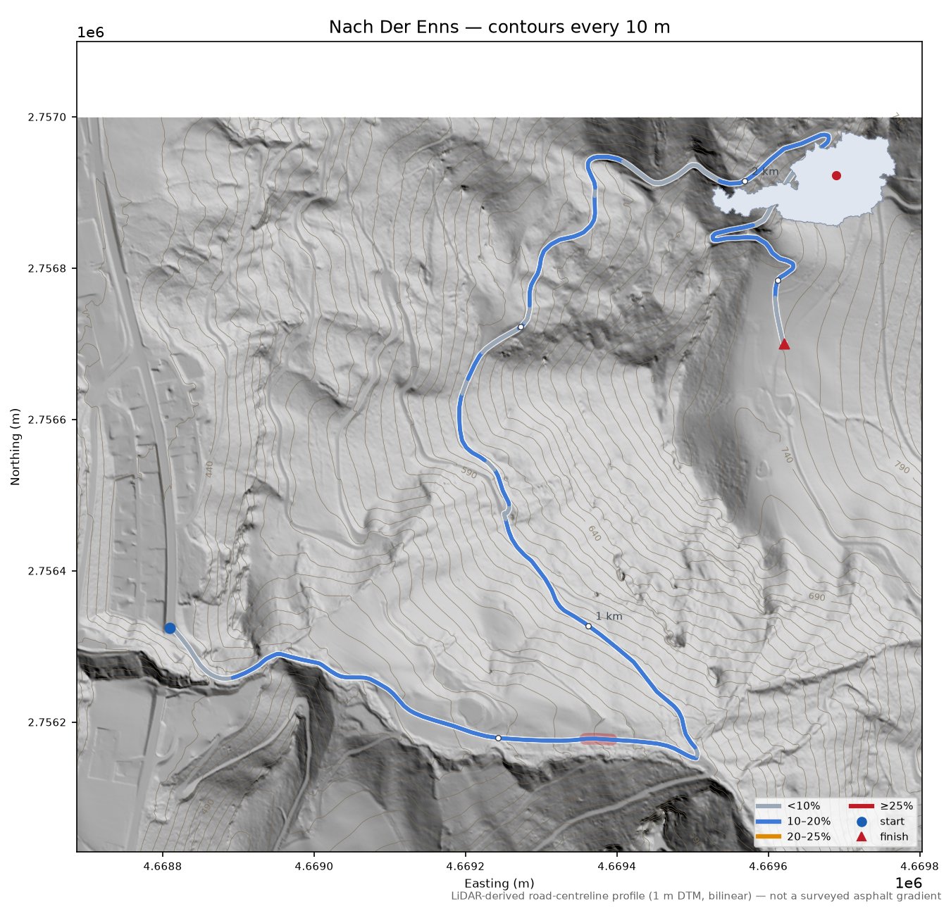 Nach Der Enns LiDAR hillshade map with contours