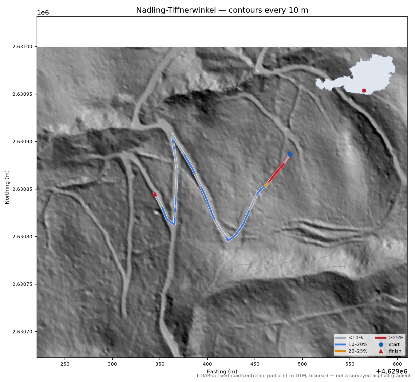 Nadling-Tiffnerwinkel LiDAR hillshade map with contours
