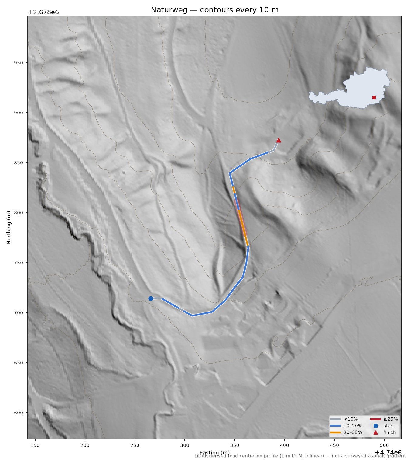 Naturweg LiDAR hillshade map with contours