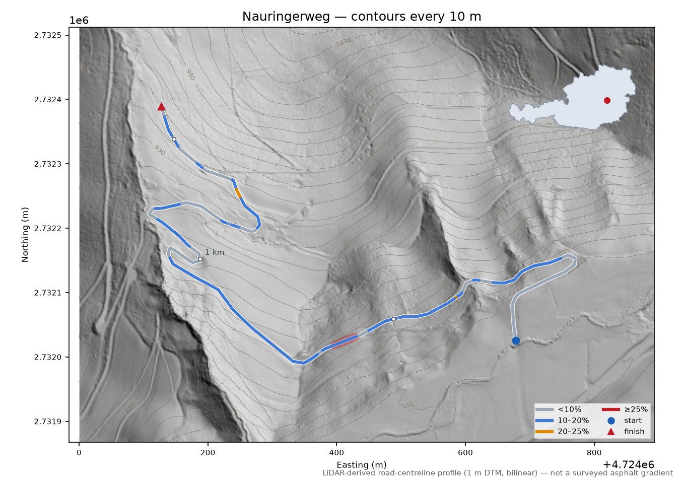 Nauringerweg LiDAR hillshade map with contours