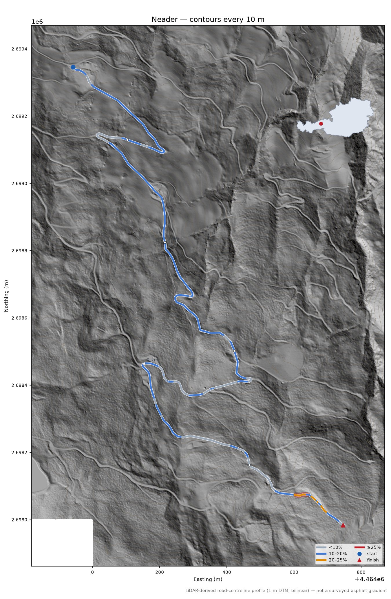 Neader LiDAR hillshade map with contours