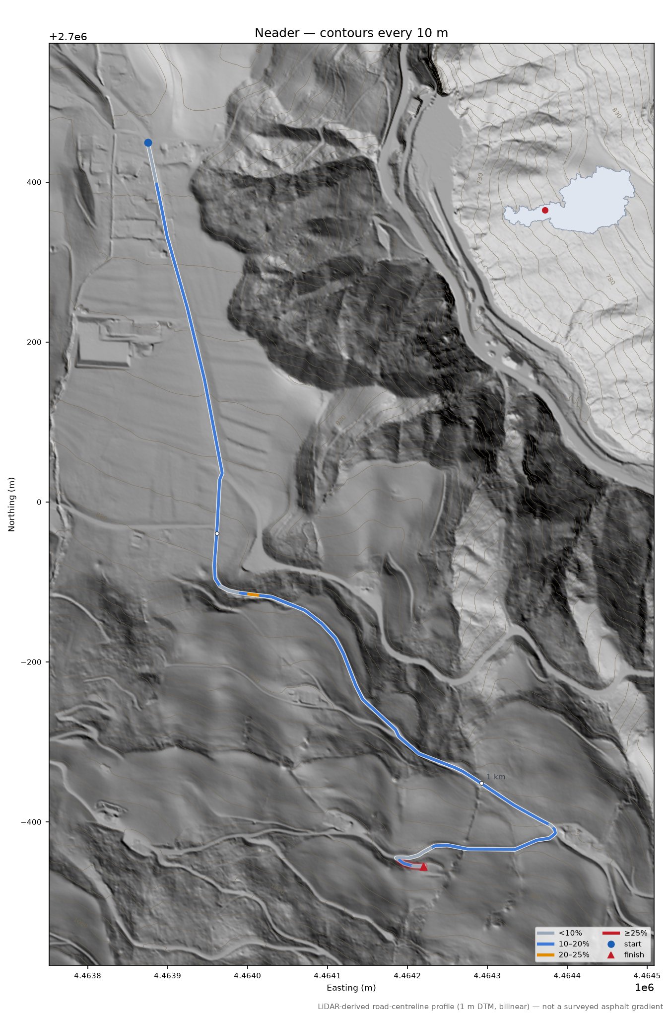 Neader LiDAR hillshade map with contours