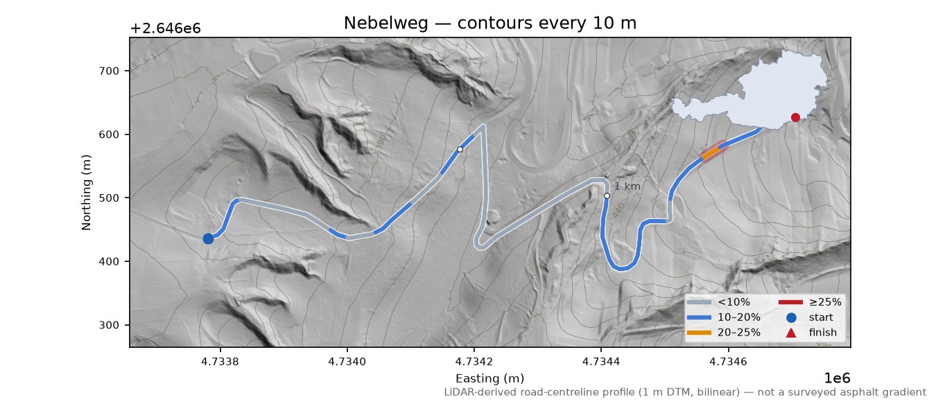 Nebelweg LiDAR hillshade map with contours