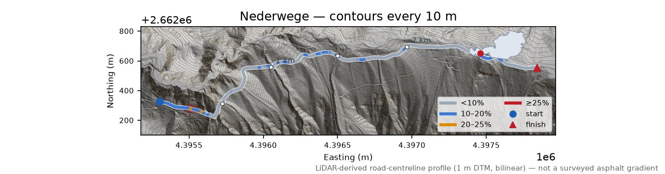 Nederwege LiDAR hillshade map with contours