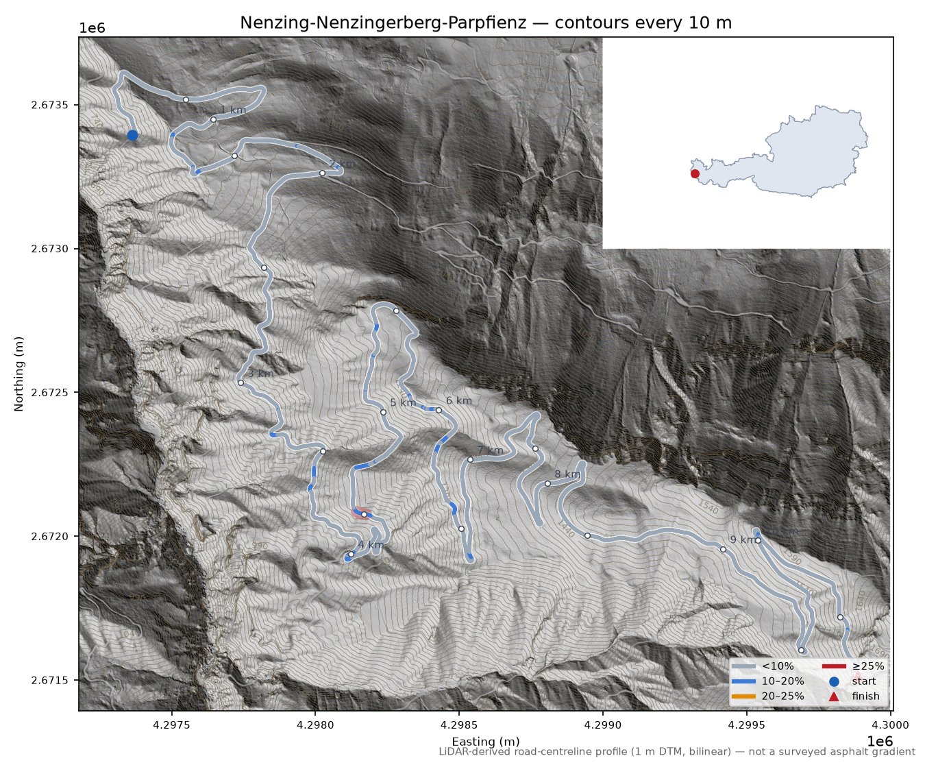 Nenzing-Nenzingerberg-Parpfienz LiDAR hillshade map with contours