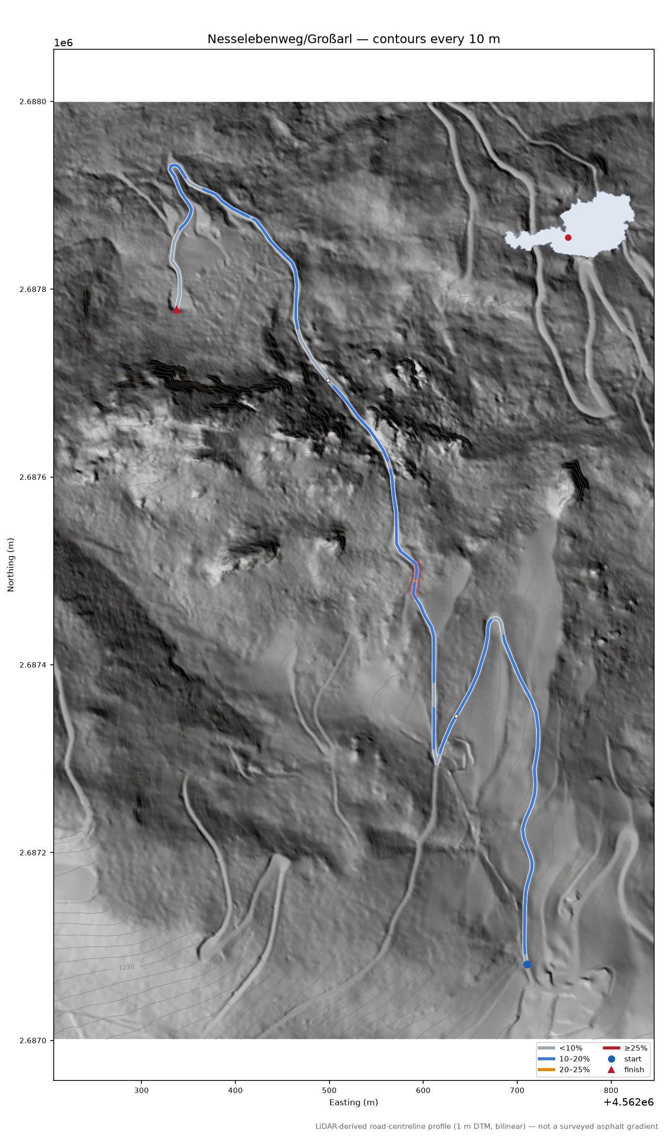 Nesselebenweg/Großarl LiDAR hillshade map with contours