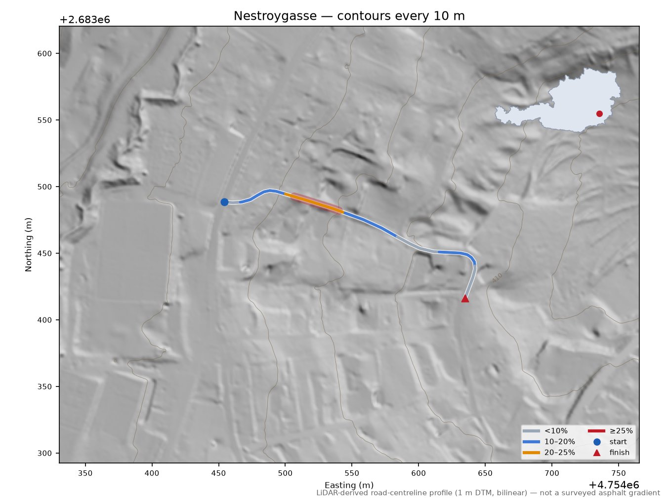 Nestroygasse LiDAR hillshade map with contours