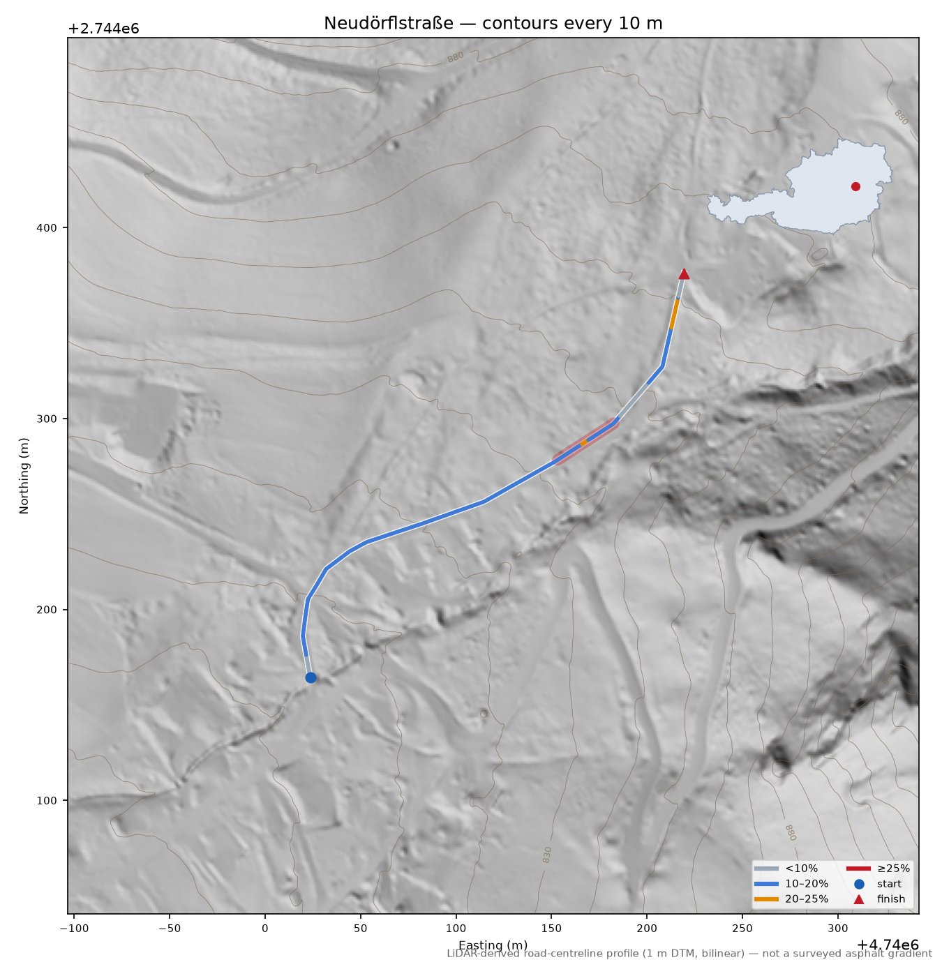 Neudörflstraße LiDAR hillshade map with contours