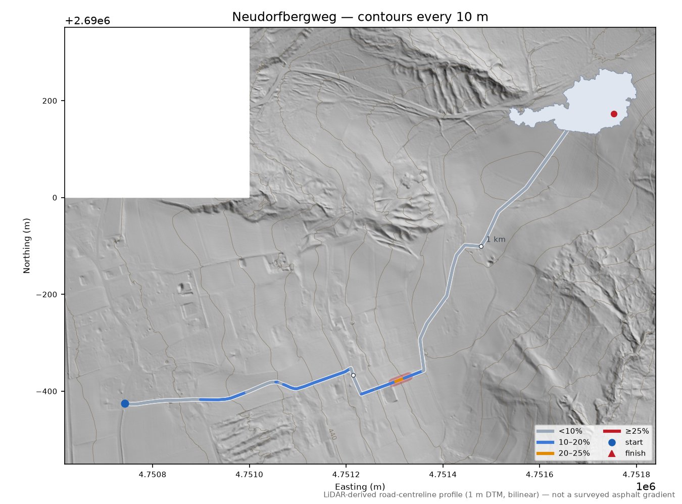 Neudorfbergweg LiDAR hillshade map with contours