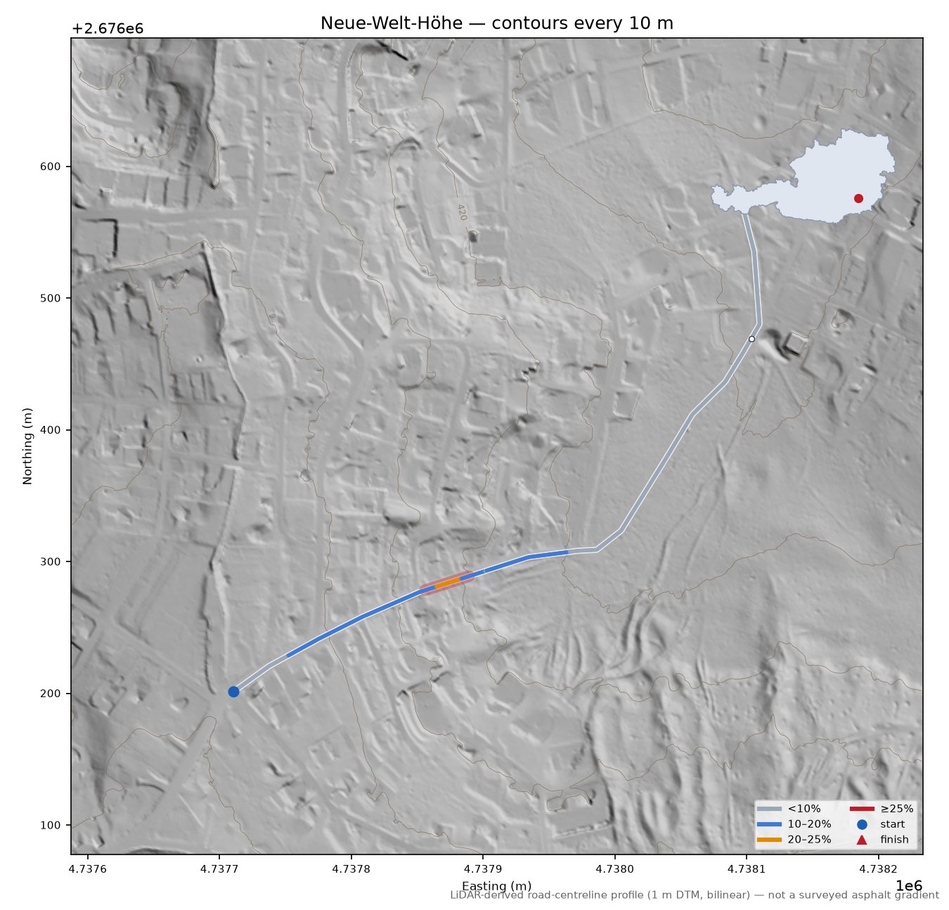 Neue-Welt-Höhe LiDAR hillshade map with contours
