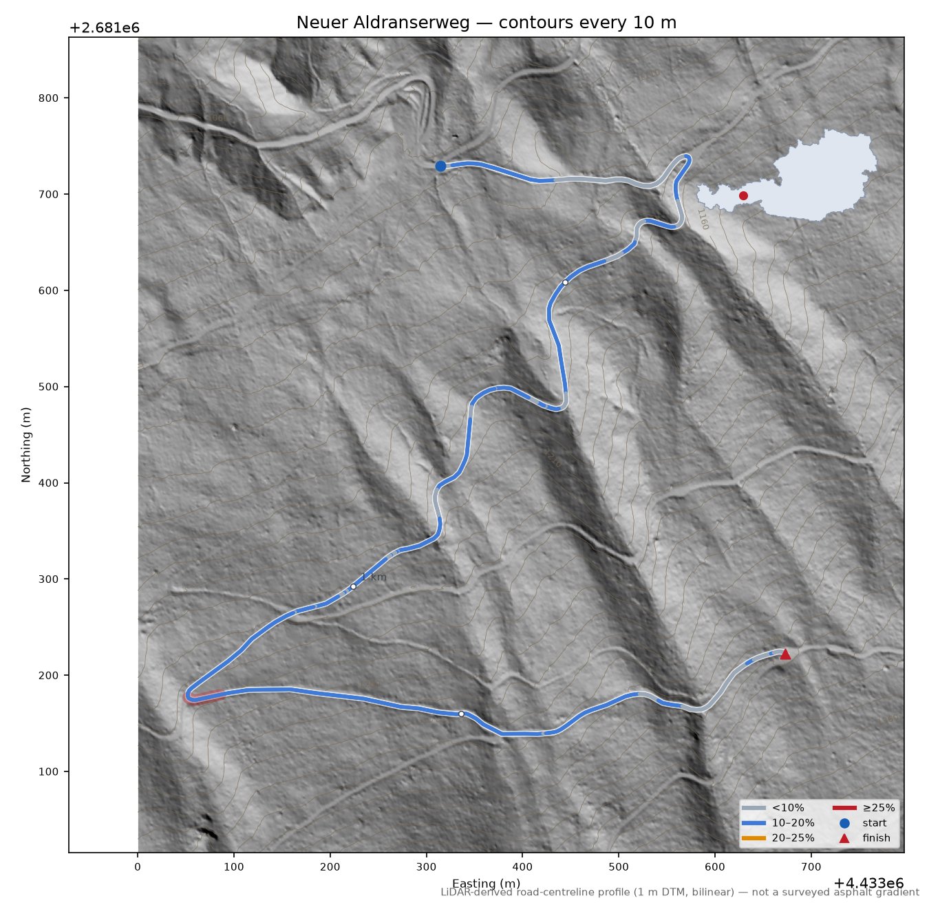 Neuer Aldranserweg LiDAR hillshade map with contours