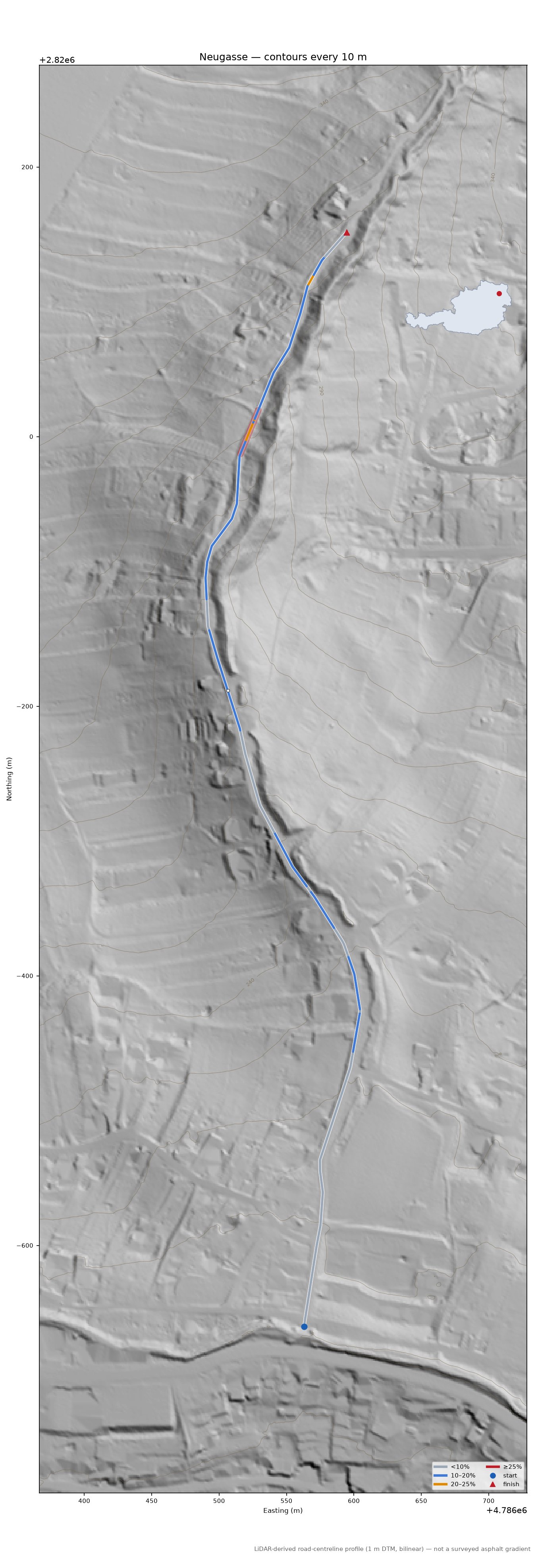 Neugasse LiDAR hillshade map with contours
