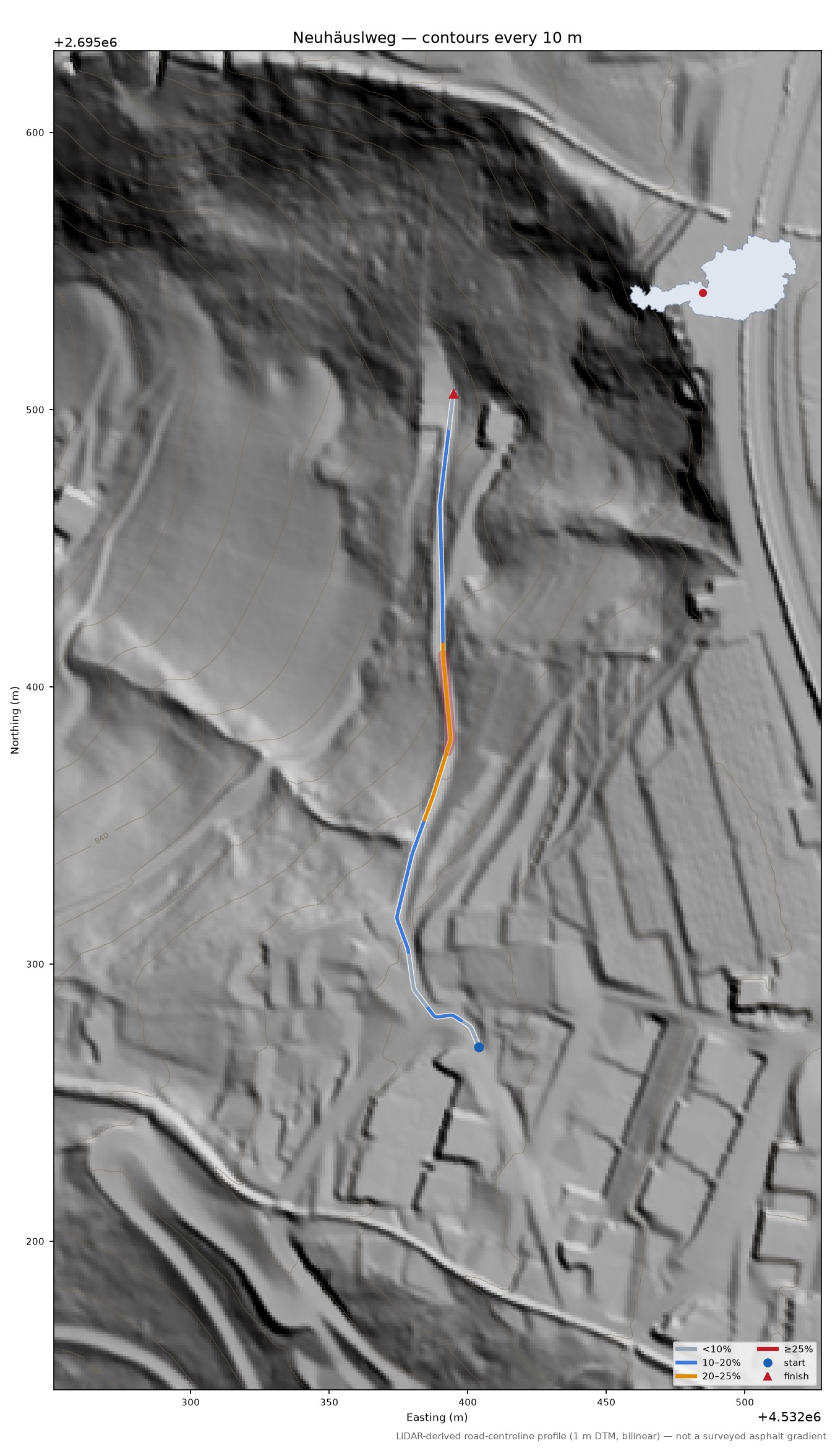 Neuhäuslweg LiDAR hillshade map with contours