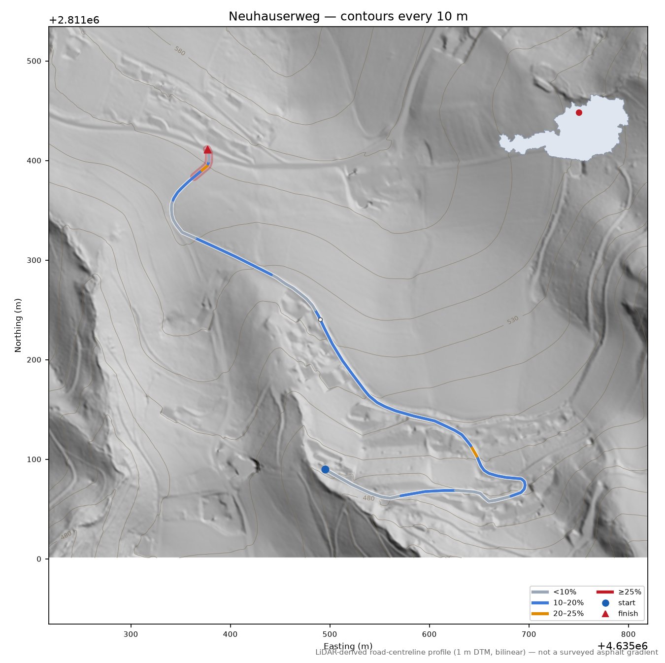 Neuhauserweg LiDAR hillshade map with contours
