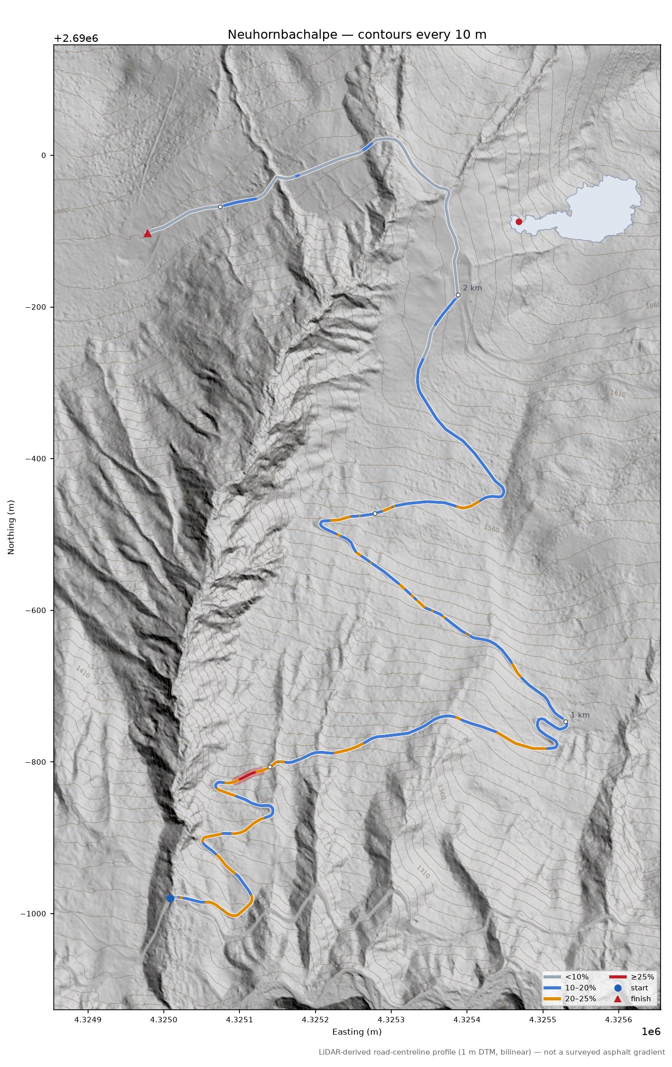 Neuhornbachalpe LiDAR hillshade map with contours
