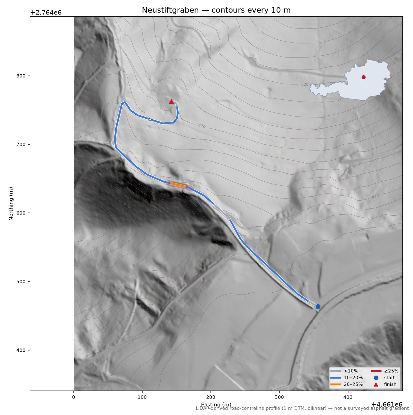 Neustiftgraben LiDAR hillshade map with contours