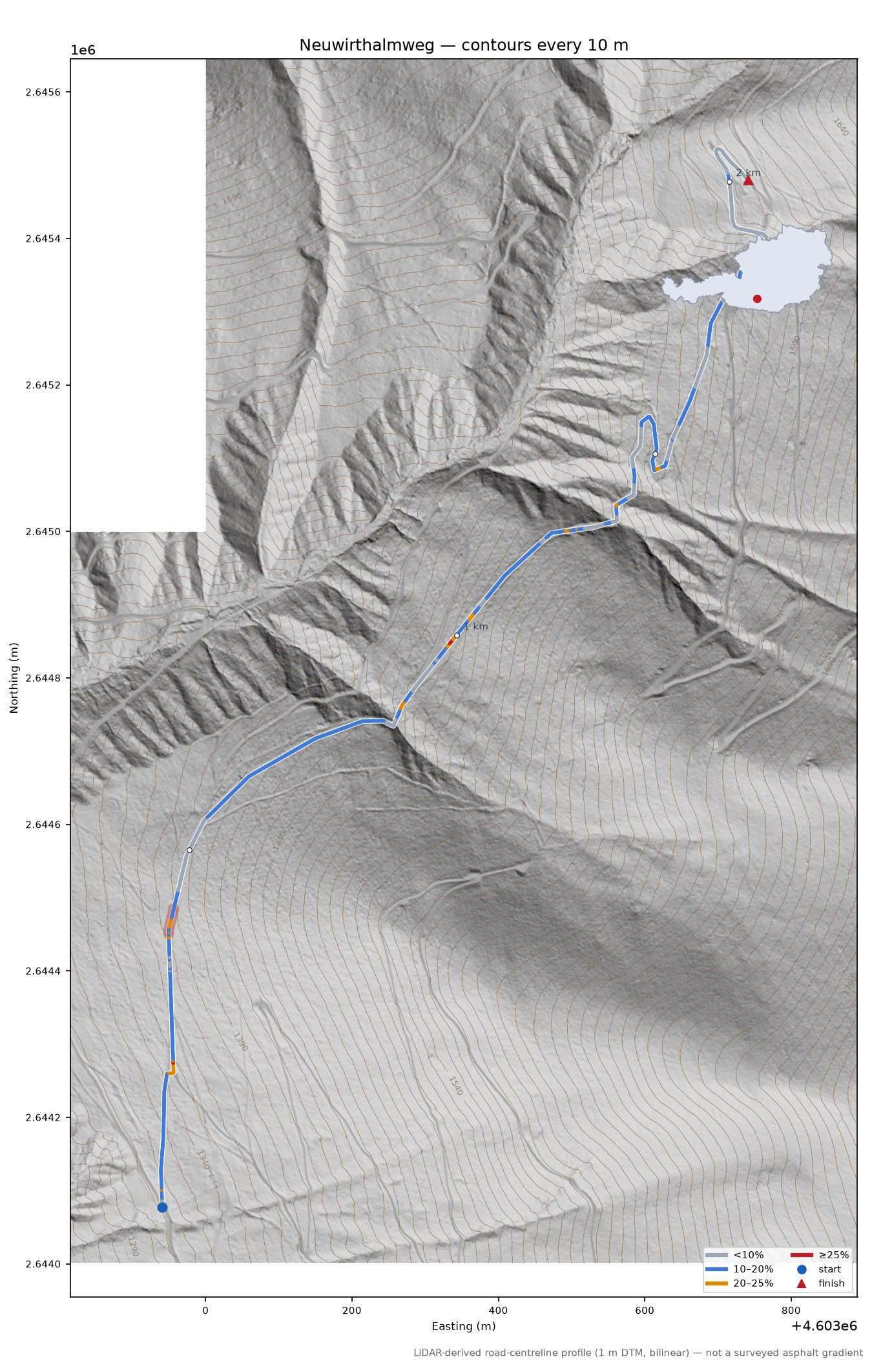 Neuwirthalmweg LiDAR hillshade map with contours