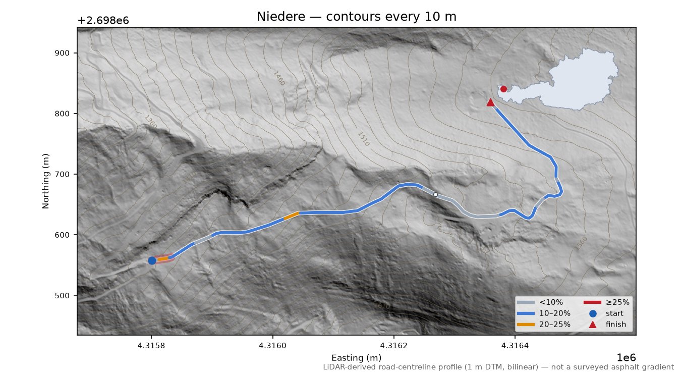 Niedere LiDAR hillshade map with contours