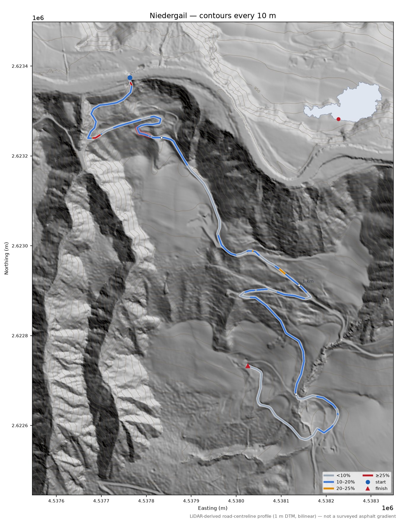 Niedergail LiDAR hillshade map with contours