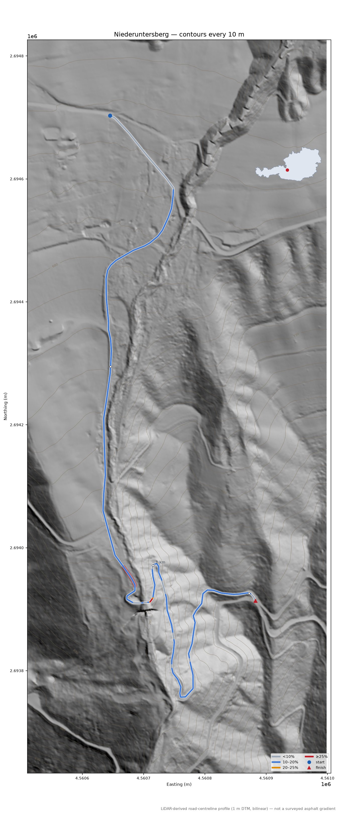 Niederuntersberg LiDAR hillshade map with contours