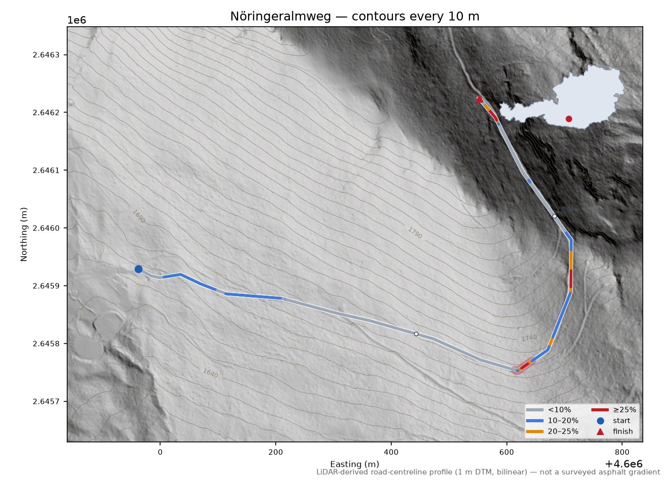 Nöringeralmweg LiDAR hillshade map with contours