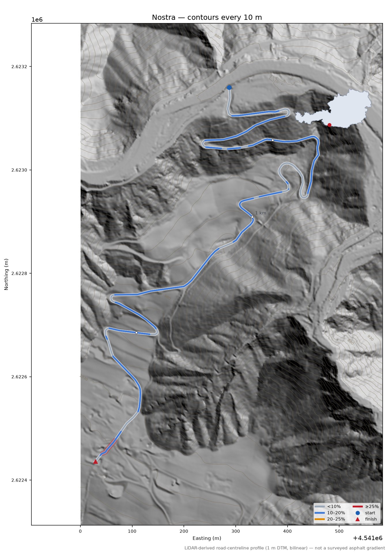 Nostra LiDAR hillshade map with contours
