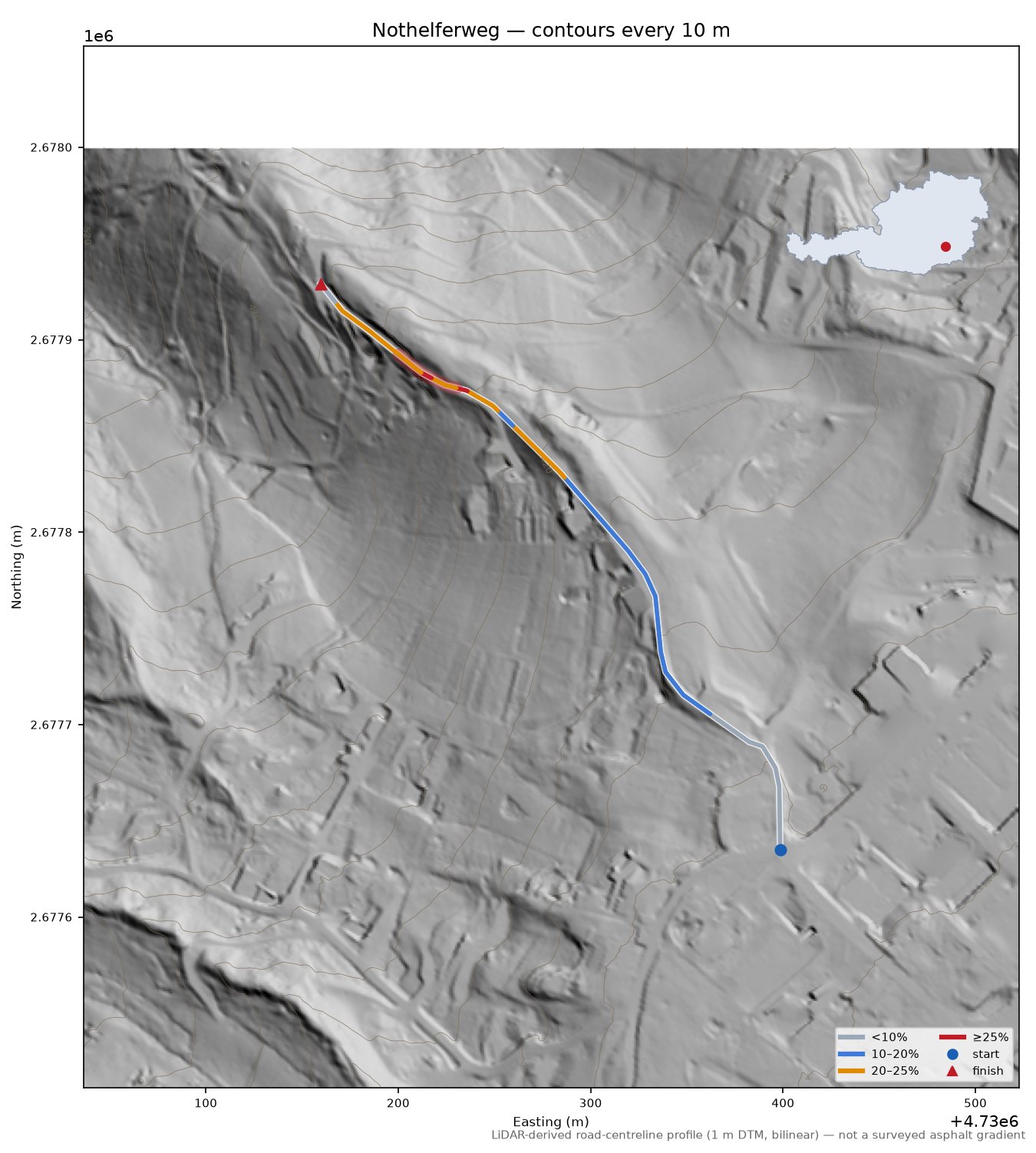 Nothelferweg LiDAR hillshade map with contours