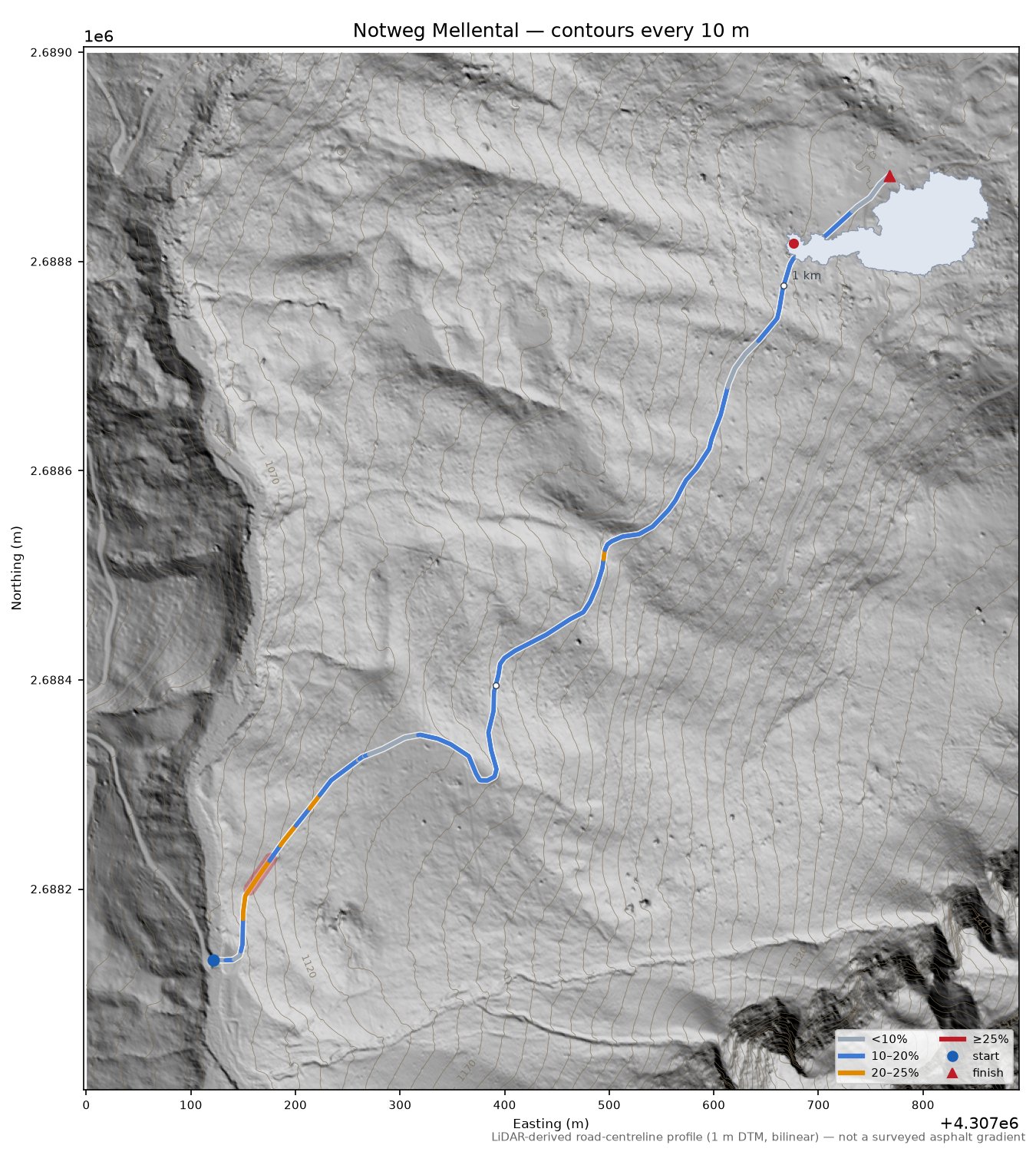 Notweg Mellental LiDAR hillshade map with contours