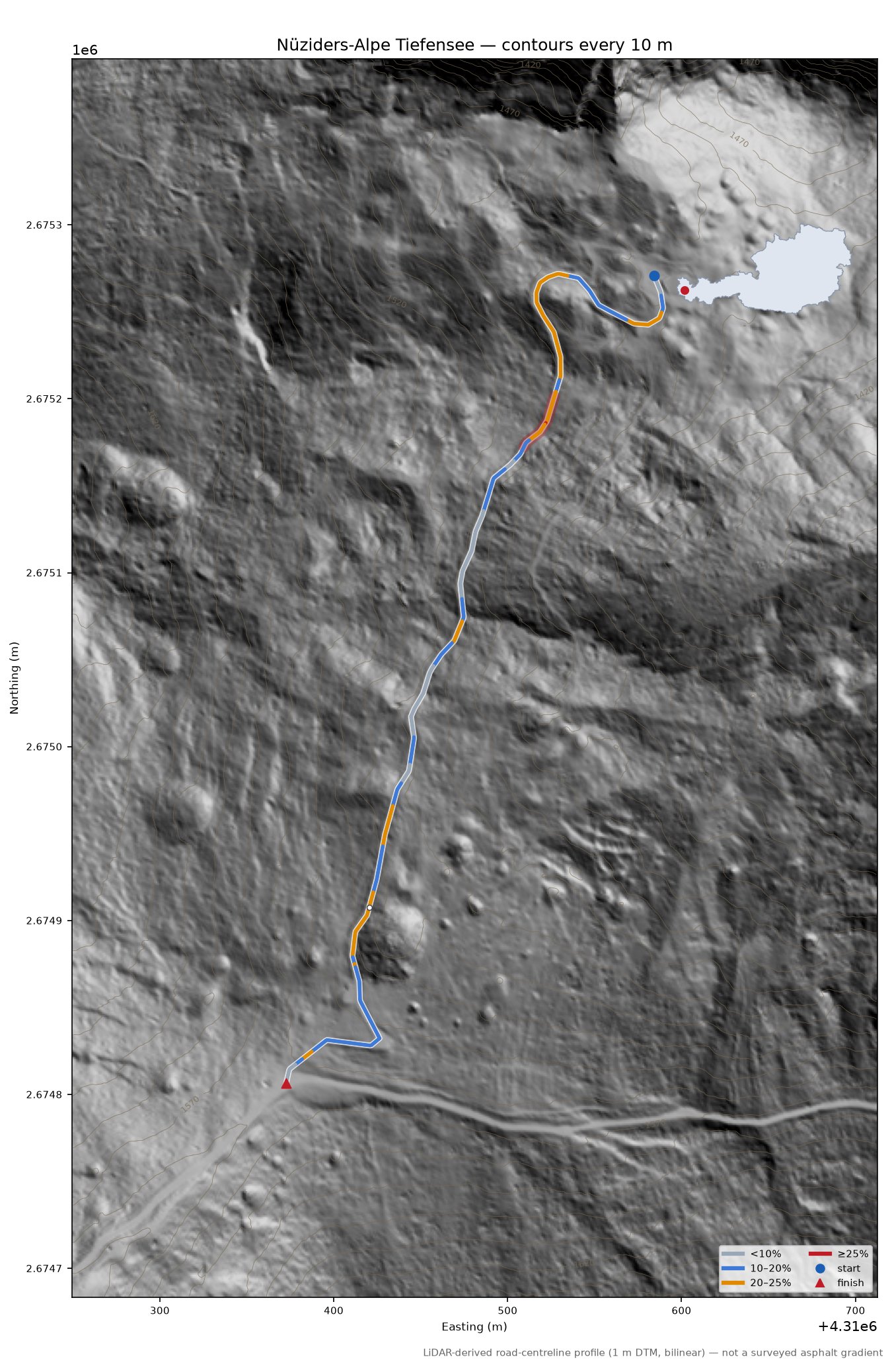 Nüziders-Alpe Tiefensee LiDAR hillshade map with contours