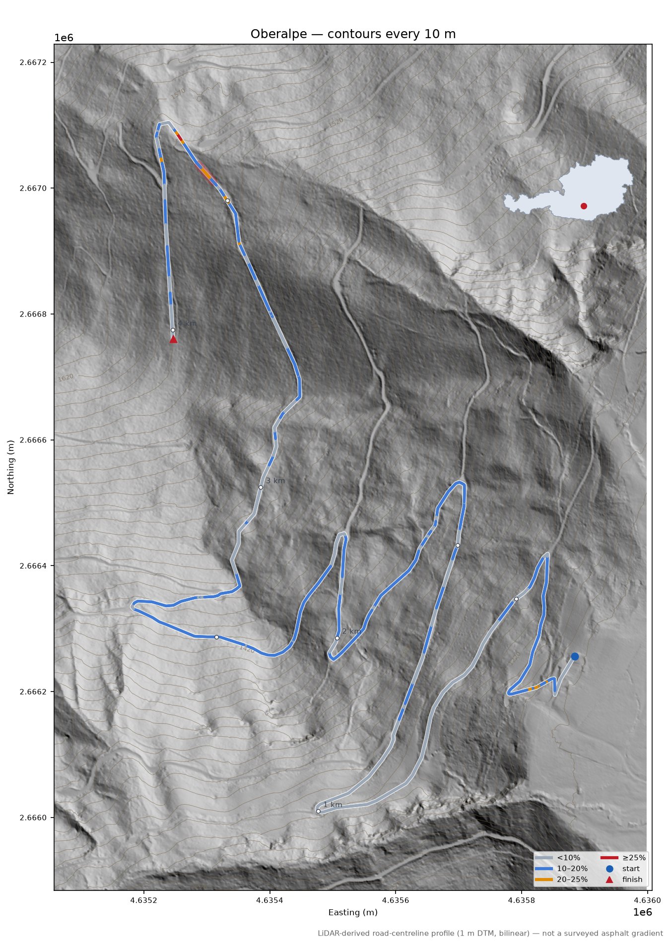 Oberalpe LiDAR hillshade map with contours