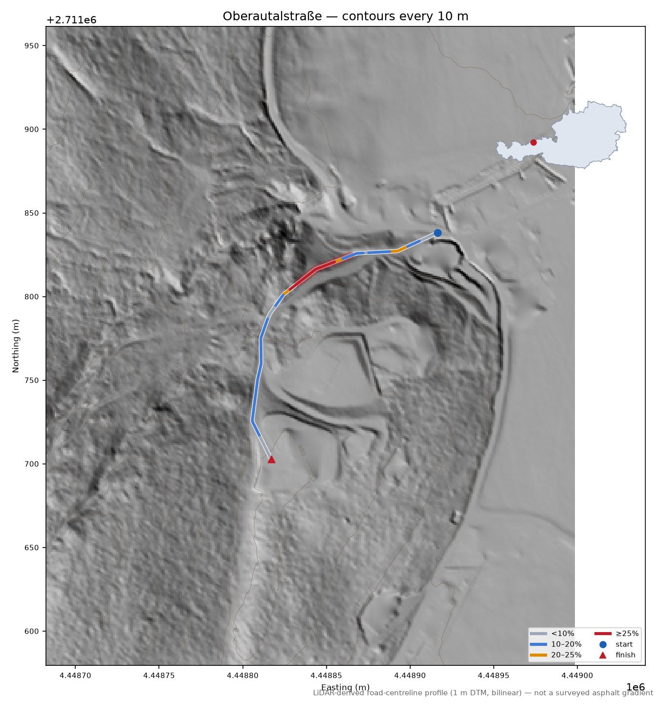 Oberautalstraße LiDAR hillshade map with contours