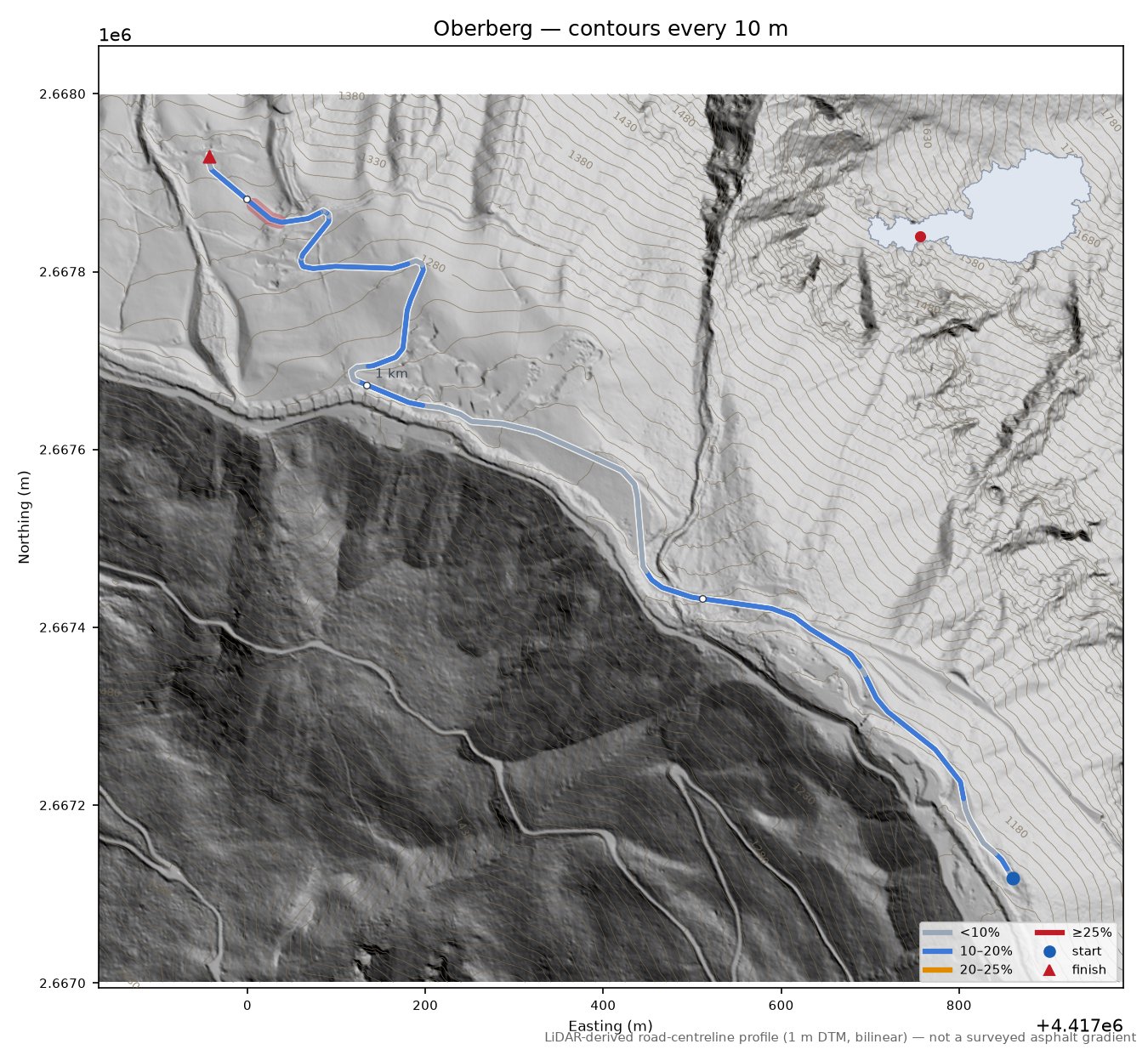 Oberberg LiDAR hillshade map with contours