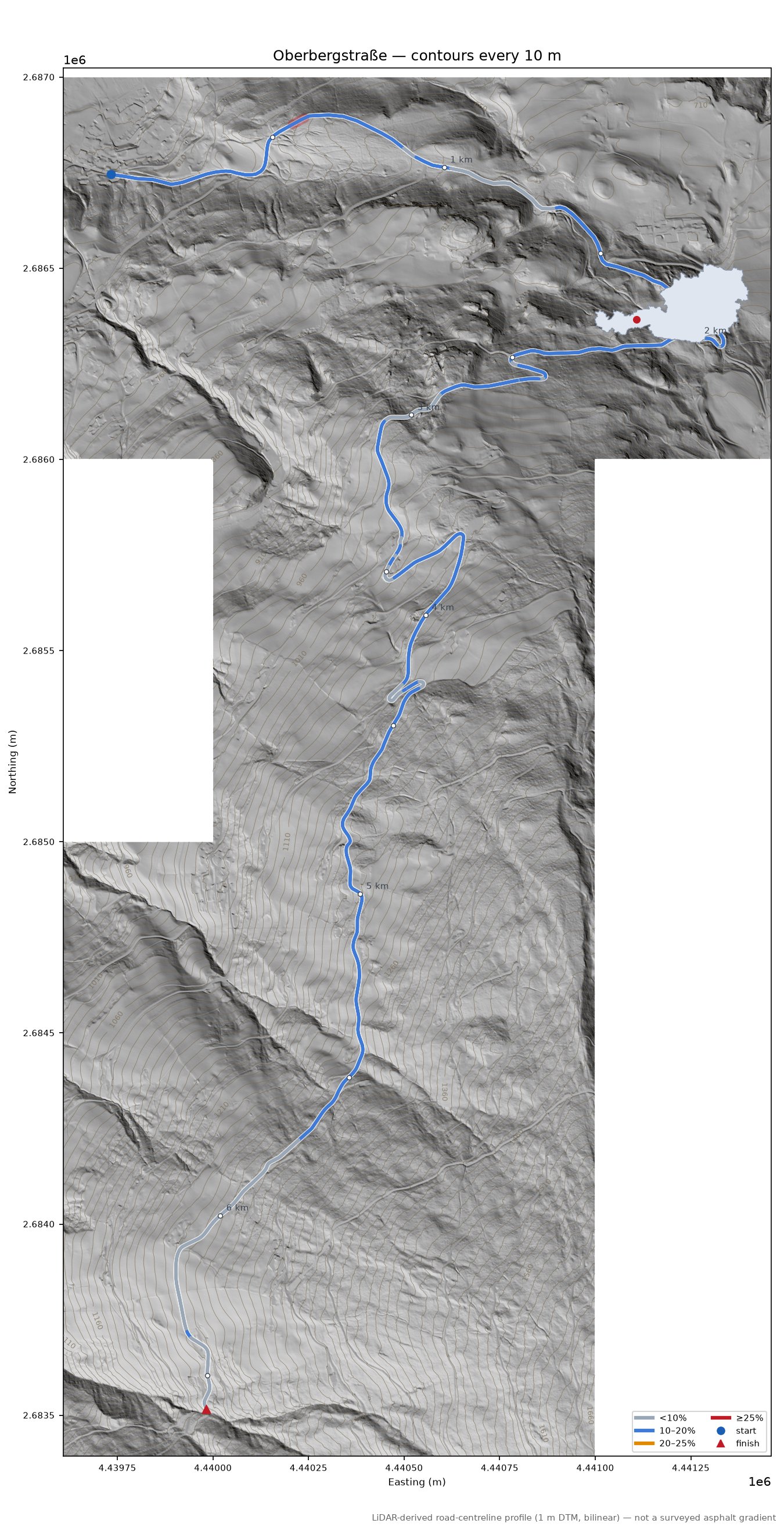 Oberbergstraße LiDAR hillshade map with contours