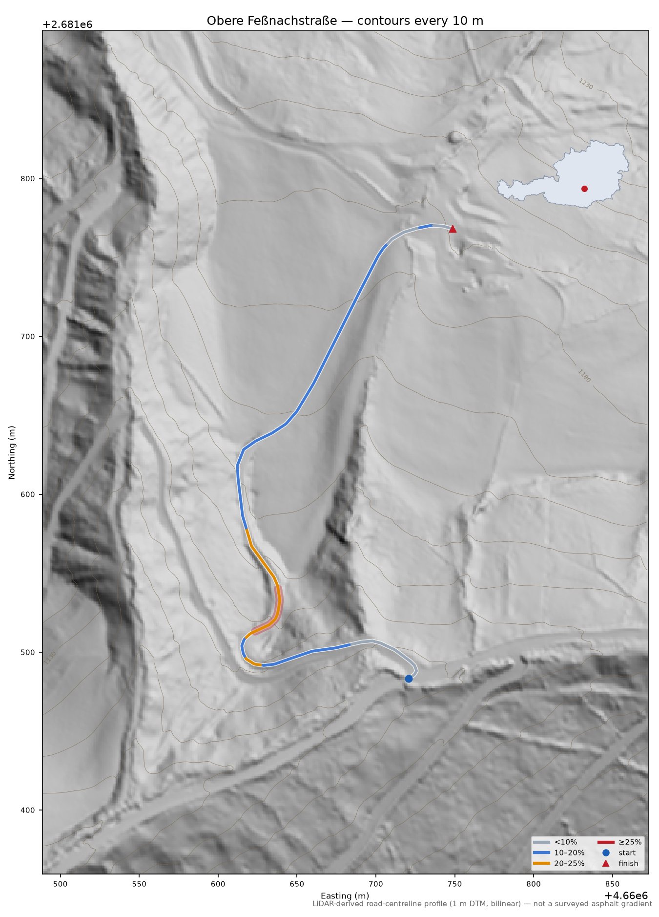 Obere Feßnachstraße LiDAR hillshade map with contours
