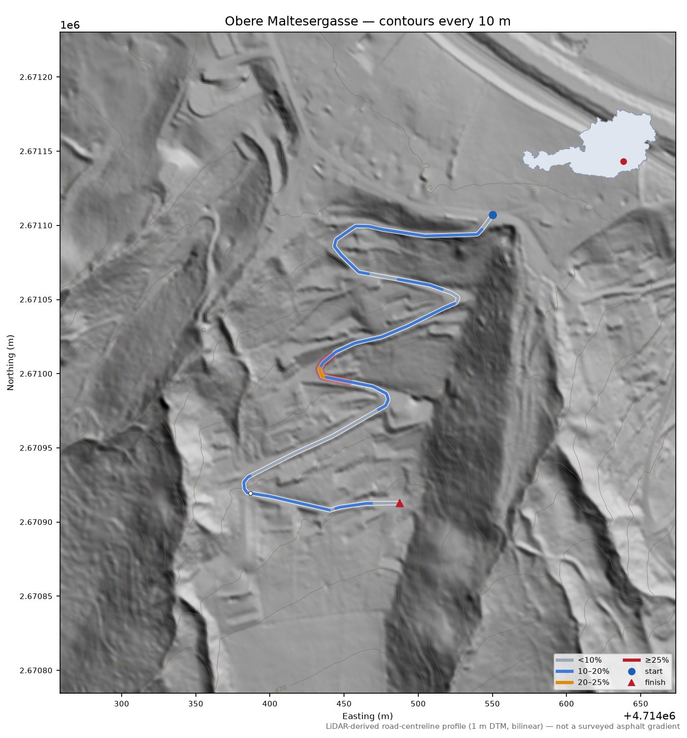 Obere Maltesergasse LiDAR hillshade map with contours