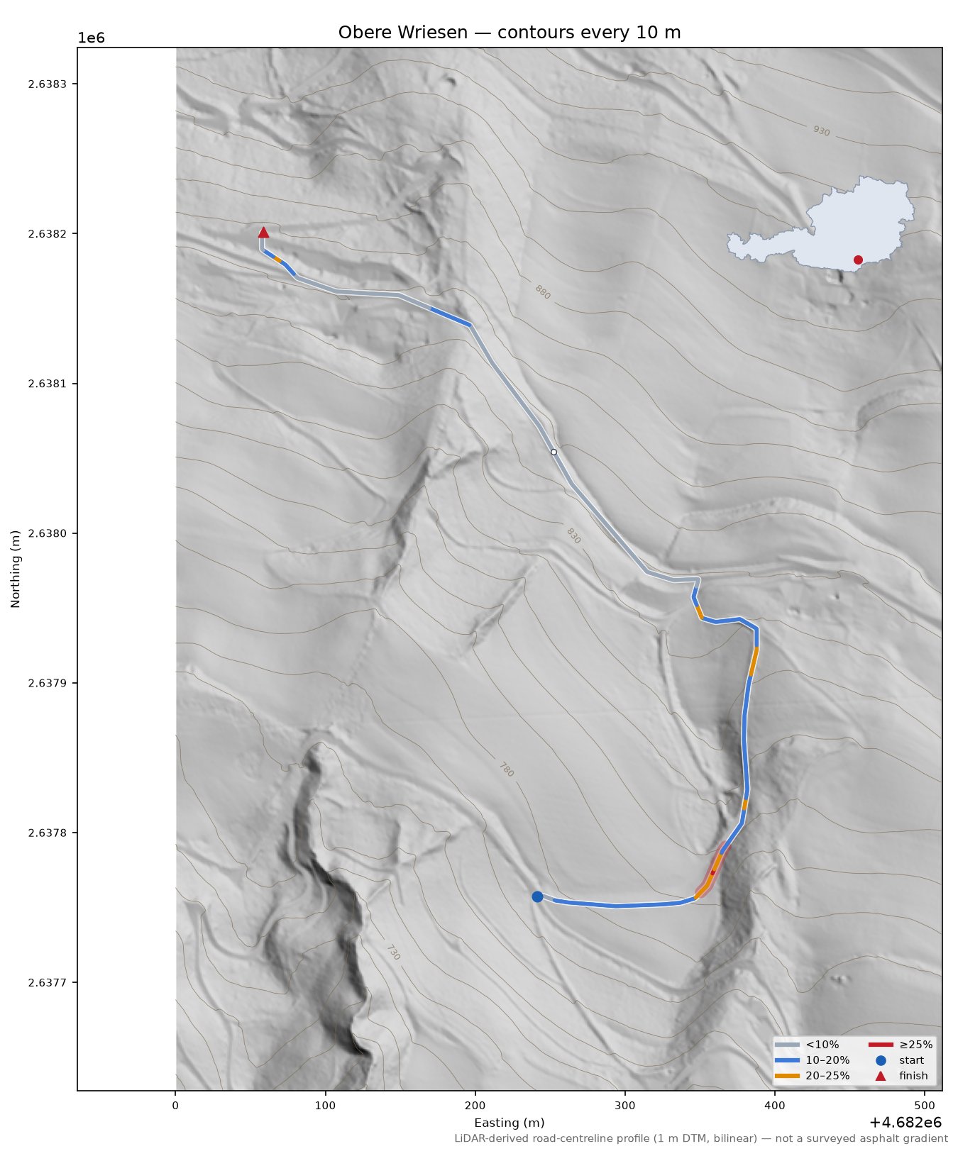 Obere Wriesen LiDAR hillshade map with contours
