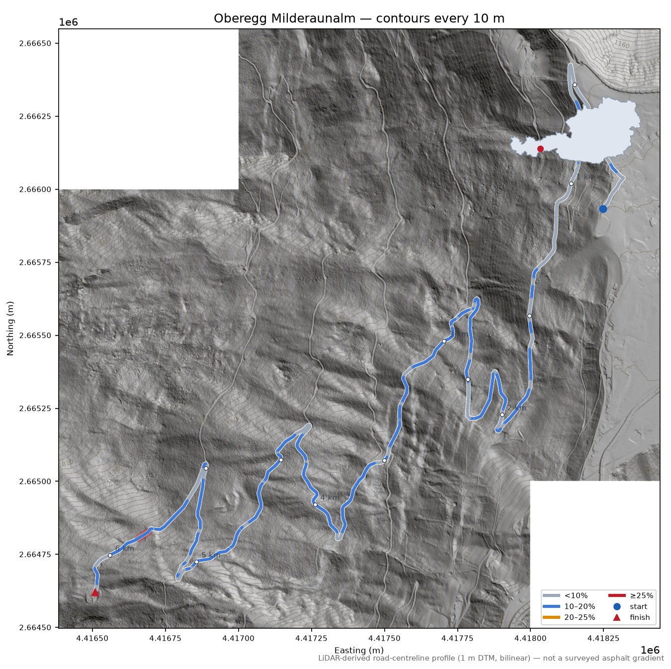 Oberegg Milderaunalm LiDAR hillshade map with contours