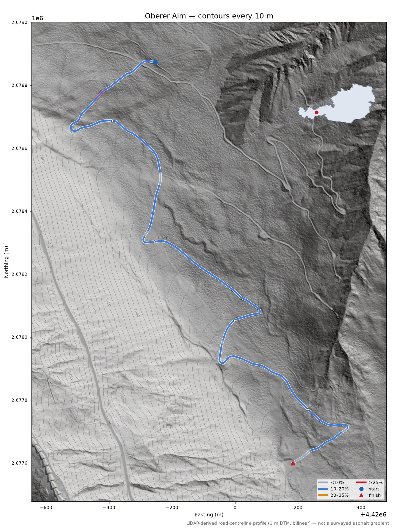 Oberer Alm LiDAR hillshade map with contours