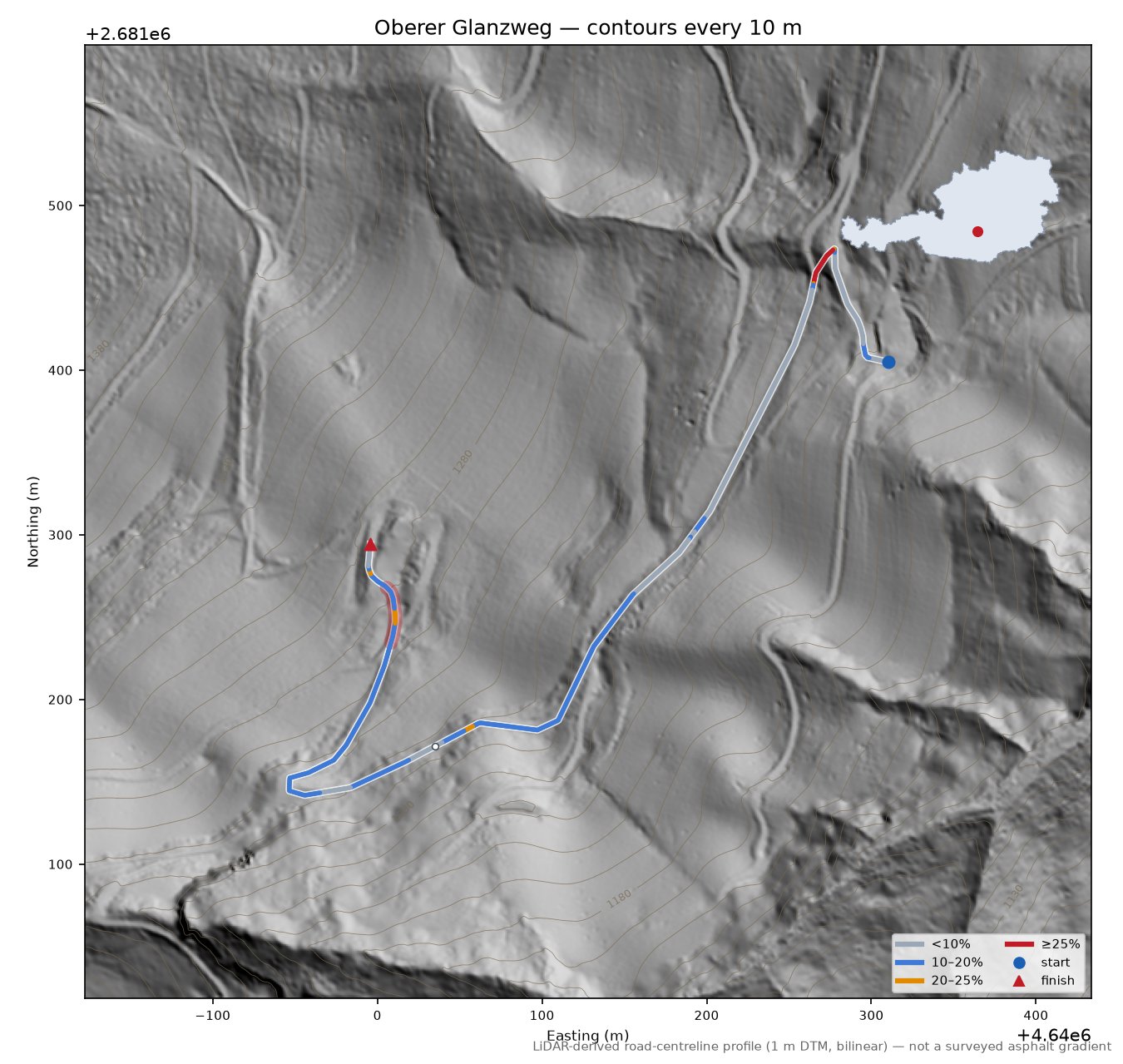 Oberer Glanzweg LiDAR hillshade map with contours