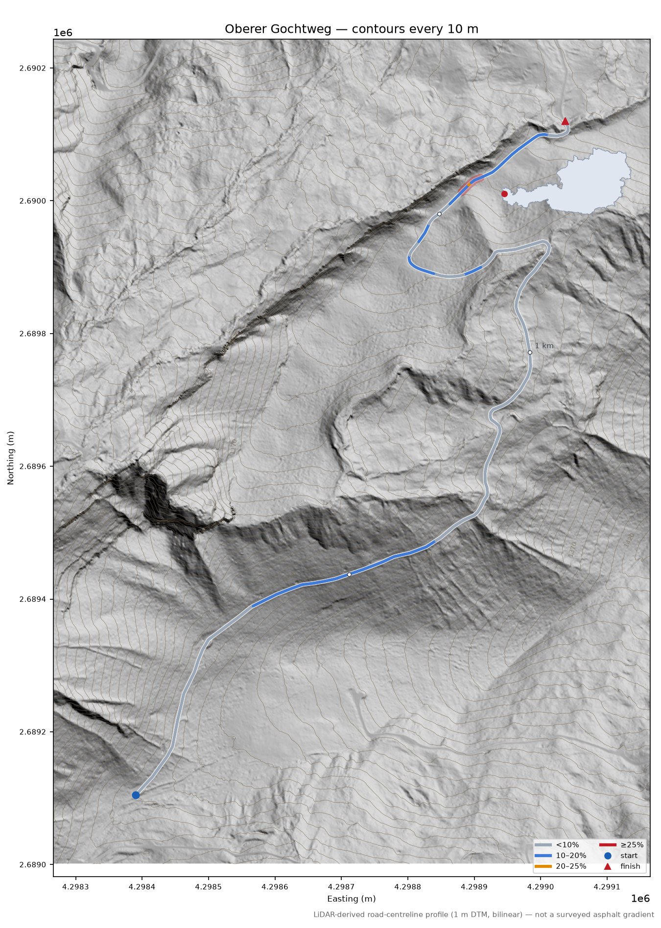 Oberer Gochtweg LiDAR hillshade map with contours