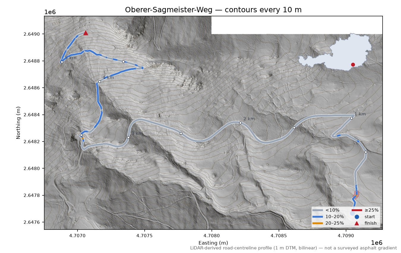 Oberer-Sagmeister-Weg LiDAR hillshade map with contours